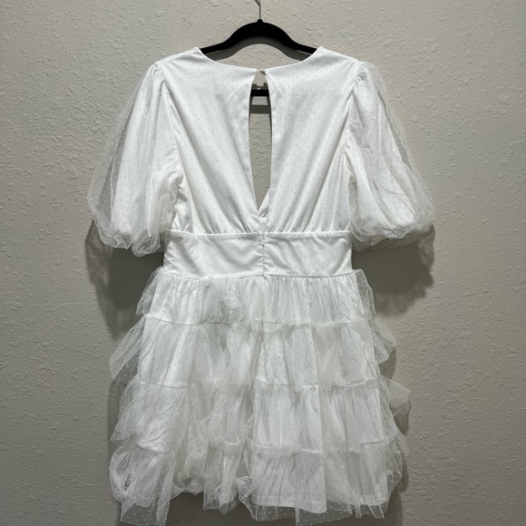 Lulus Dramatic Poise White Dot Tulle Puff Sleeve Tiered Mini Dress Large L - Picture 6 of 9